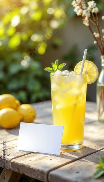 Fototapeta Refreshing lemonade drink with lemon and mint on wooden table