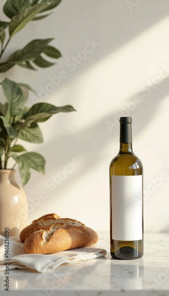 Fototapeta Bottle of wine and bread on light background
