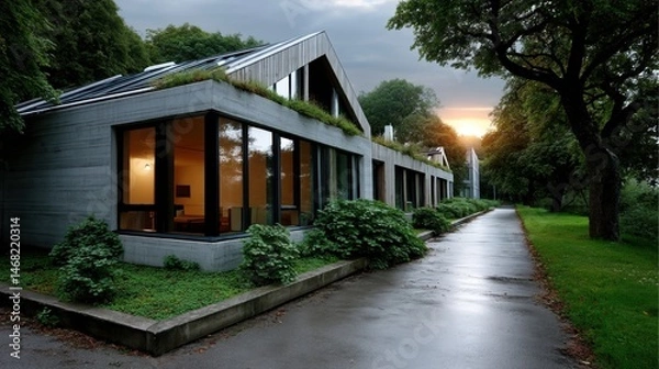 Fototapeta Modern eco-friendly residential building with large glass windows surrounded by greenery at sunset