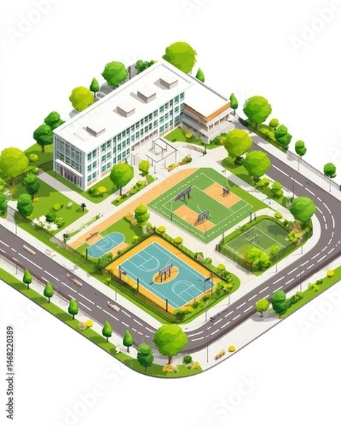 Fototapeta Isometric school campus illustration with buildings greenery and sports facilities presented from a high-angle perspective in a vibrant and colorful style