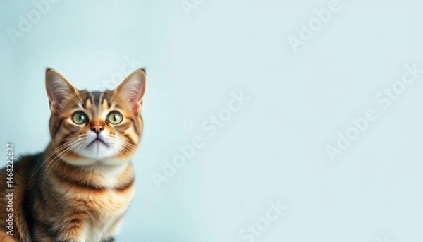 Fototapeta Captivating gaze of a tabby kitten set against a serene light blue backdrop