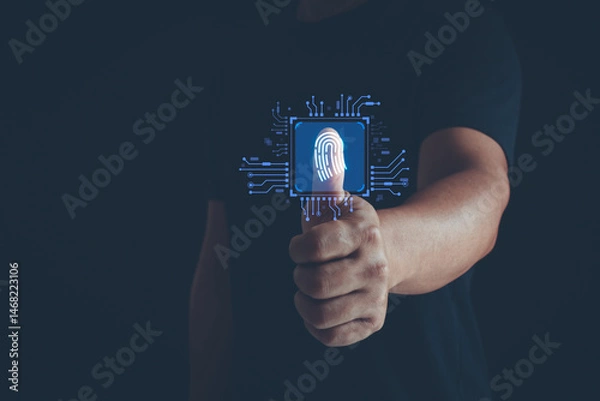 Fototapeta Cyber security protection of privacy personal data concept. Businessman Thumb up fingerprint to scan biometric authentication to connect username and password for unlock system safe from crime Hacker.