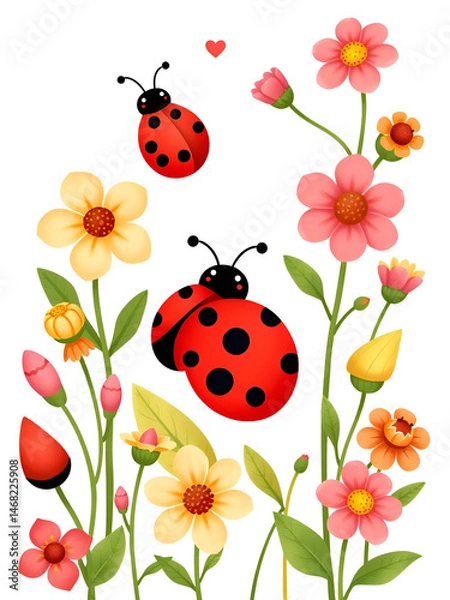 Fototapeta Cute cartoon ladybug collection with flowers and leaves, red beetle with dots. Funny love bugs, flower buds and foliage pack bundle for spring collections.