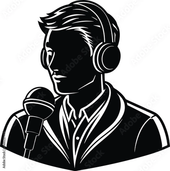 Fototapeta Podcaster's Silhouette: A striking black-and-white illustration of a podcaster, clad in a blazer and headphones, grasping a microphone. A striking representation of radio podcasting and communication.