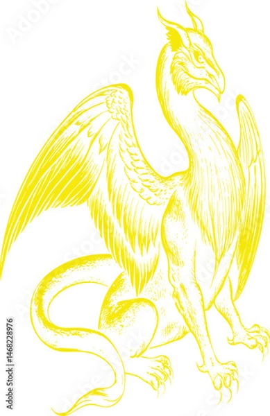Fototapeta Mythic Dragon: A majestic mythical dragon illustration featuring vibrant yellow and detailed intricate lines, it creates a sense of power and fantastical charm. 