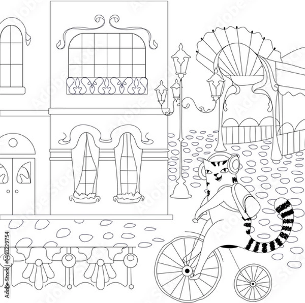 Fototapeta Happy cat on retro bicycle in old Paris. Time travel in France. Colored page background. Black and white. Each object on a separate layer. Editable stroke