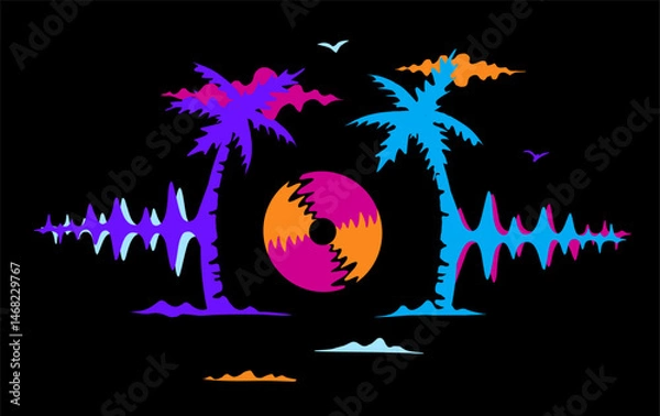 Fototapeta Reggae Music Festival. Night Party Design with Vinyl Record, Sound Diagrams, Palm Trees, and Clouds in neon colors. Surreal Psychedelic Retro style