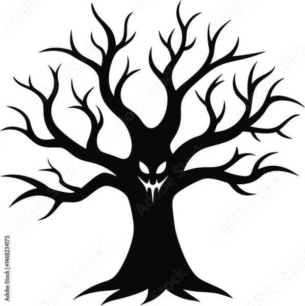Fototapeta Spooky Tree Silhouette: A black silhouette of a gnarled tree with a sinister face carved into its trunk, perfect for Halloween or horror-themed projects.