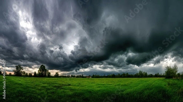 Obraz A dramatic scene unfolds as dark storm clouds loom over a lush green field, heralding natures intense power.