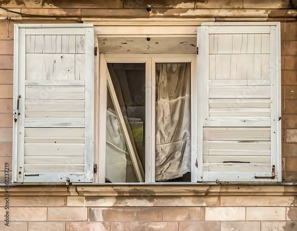 Fototapeta Distressed White Wooden Window Shutters Old Building Facade