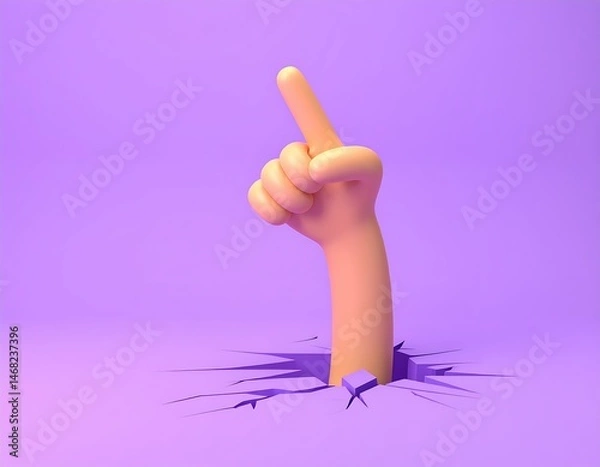 Fototapeta Cartoon Hand Emerging, Purple Background, 3D Render, Pointing Up, Crack, Surreal, Abstract, Art, Des