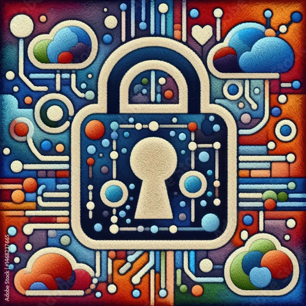 Obraz Felt art patchwork, Secure data lock symbol, representing the ongoing battle for cybersecurity and the protection of sensitive information in a high-tech world