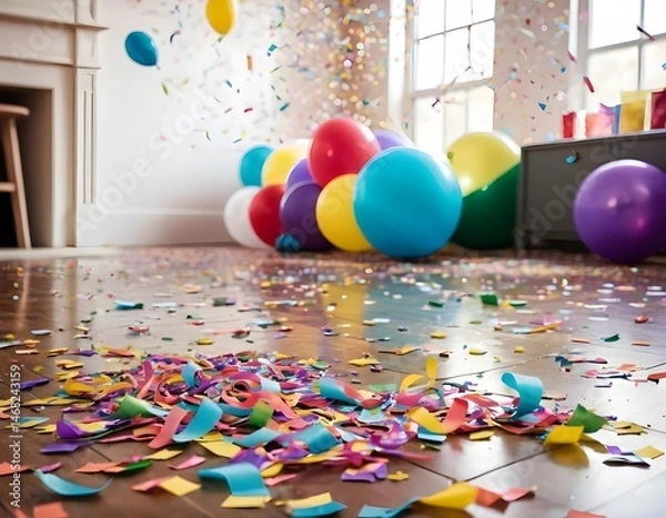 Obraz Colorful Confetti and Balloons After a Party