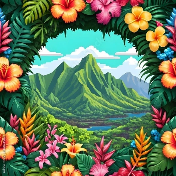 Obraz Tropical Paradise Lush Flowers Framing Volcanic Landscape