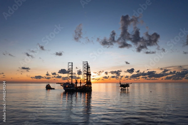 Obraz Aerial view of offshore jack up drilling rig during sunset - oil and gas industry.