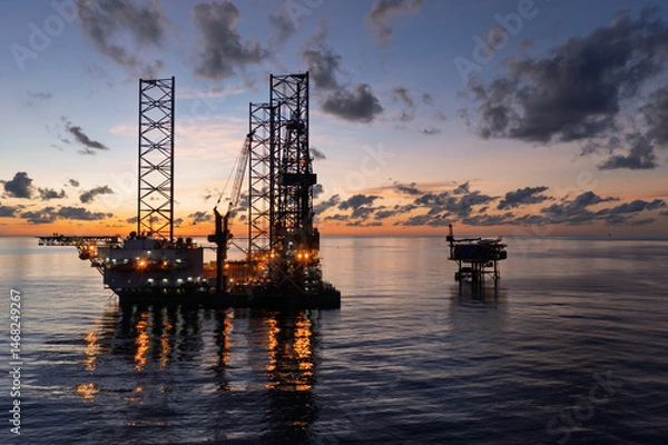 Obraz Aerial view of offshore jack up drilling rig during sunset - oil and gas industry.