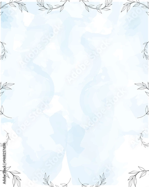 Fototapeta Empty card.  Sky blue background. Aquarelle background. Frame of leaves.