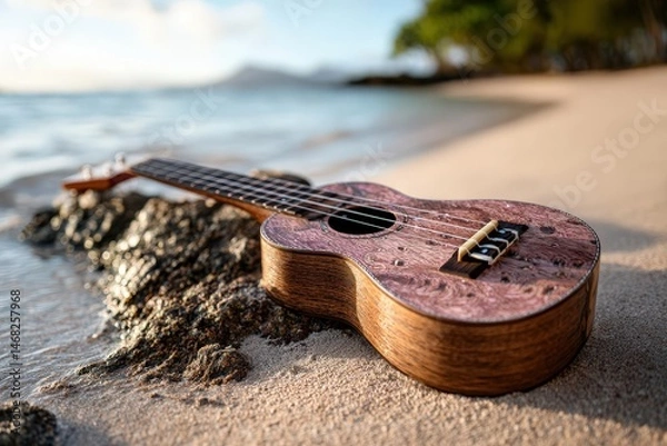 Fototapeta Ukulele resting on a sunlit beach by the ocean.