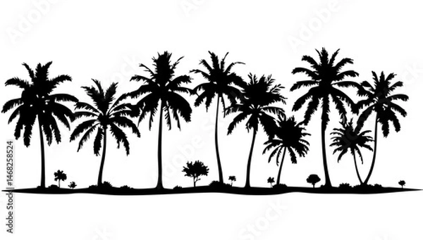 Fototapeta silhouette tree line drawing set, Side view, set of graphics trees elements outline symbol for architecture and landscape design drawing. Vector illustration in stroke fill in white. Tropica