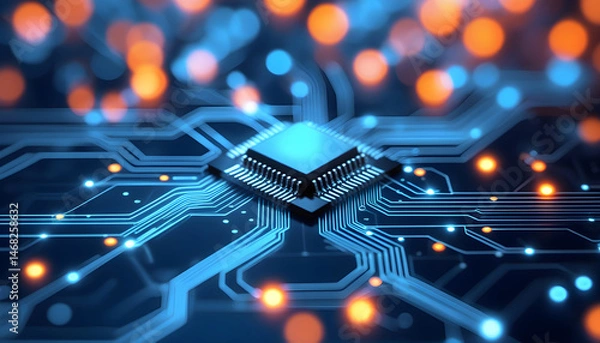 Fototapeta Abstract glowing microprocessor chip with neon circuits on a high-tech motherboard