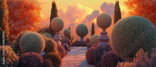 Obraz Sunset Garden Path with Ornamental Spherical Trees