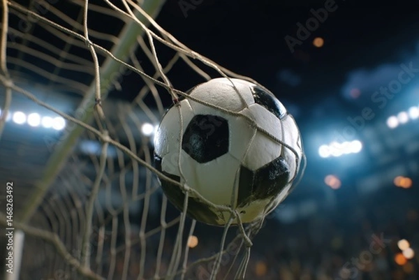 Fototapeta Soccer ball hitting the net under stadium lights.