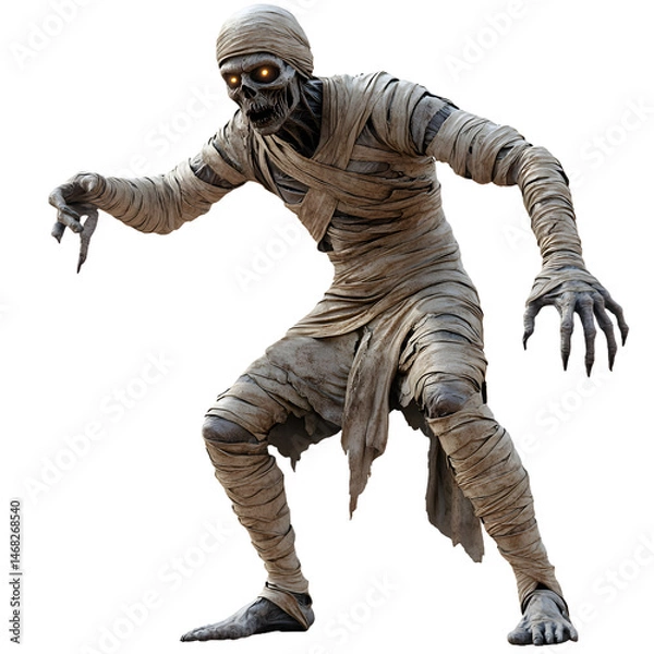 Fototapeta Creepy mummy figure wrapped in bandages threatening pose on a black png