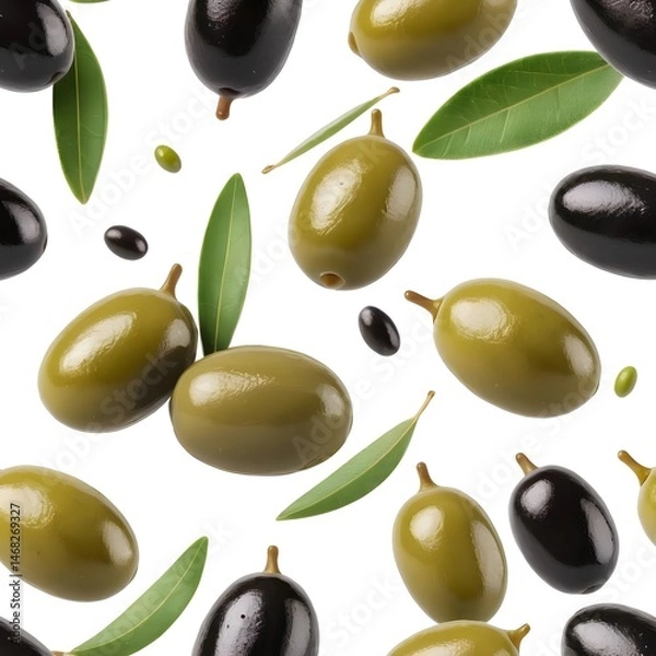 Obraz Falling Green and Black Olives with Leaves