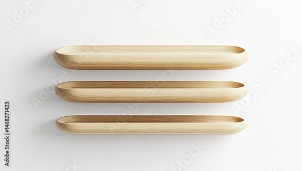 Fototapeta Minimalist wooden shelves. Three shallow, oblong, light-colored wooden shelves mounted on a white wall.  Smooth,  curved edges.  Simple,  modern design