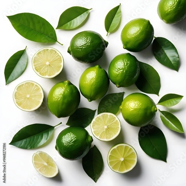 Obraz Fresh Limes with Leaves on White Background