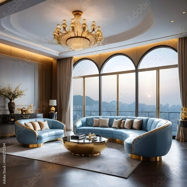 Obraz Luxurious Modern Living Room with Curved Sofa and City View