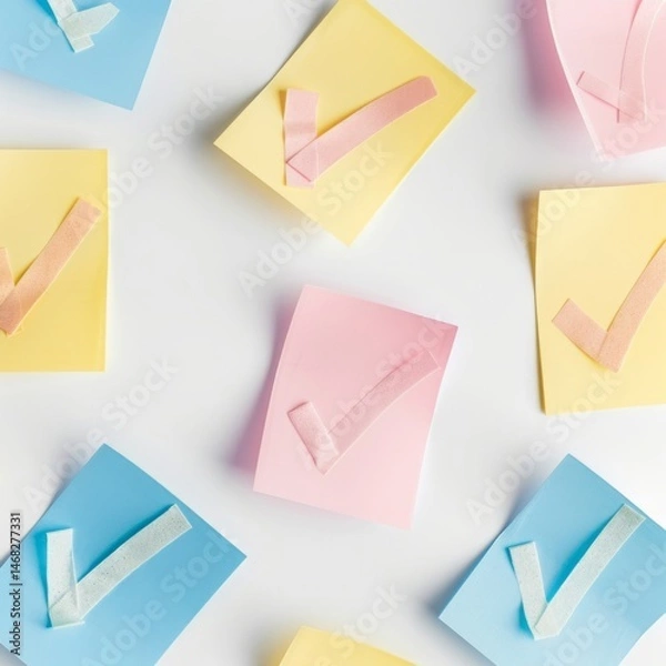 Fototapeta Pastel sticky notes pink yellow blue with checkmarks isolated on white .