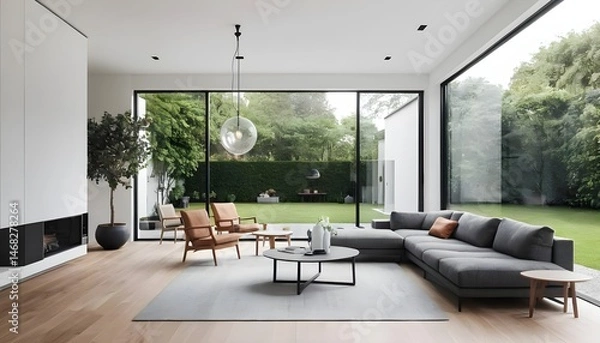 Obraz Modern Living Room with Large Windows and Garden View