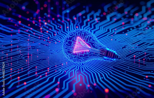 Obraz A glowing lightbulb, formed from circuit board pathways, symbolizes innovative digital solutions and technological breakthroughs.  The inner triangle adds a layer of complex problem-solving.