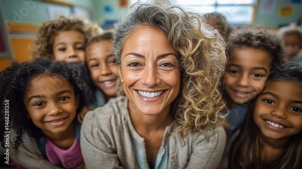 Fototapeta Smiling teacher surrounded by happy diverse children in a bright classroom, showing warmth and joy