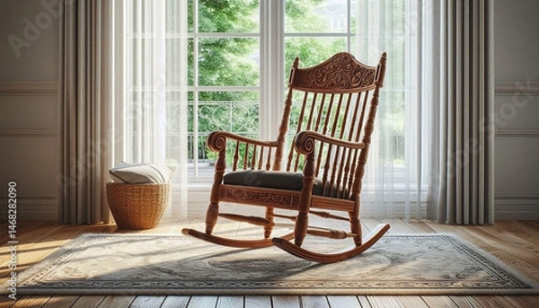 Fototapeta Rocking chair in the exotic living room with open windows and sunlight coming in