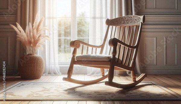 Fototapeta Rocking chair in the exotic living room with open windows and sunlight coming in