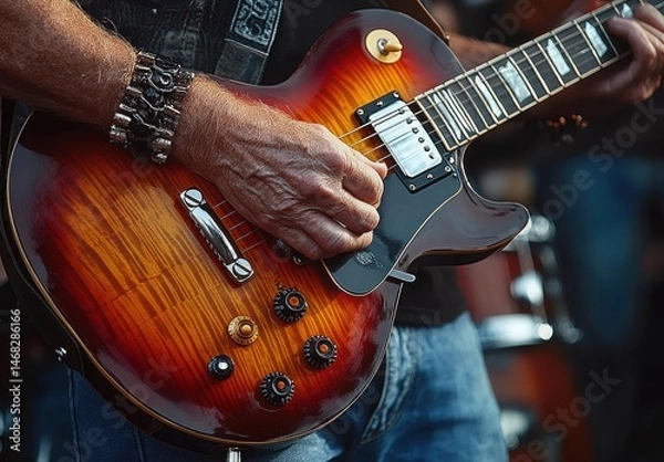 Fototapeta close-up of a person playing a sunburst electric guitar with detailed wood grain and multiple control knobs during a musical performance