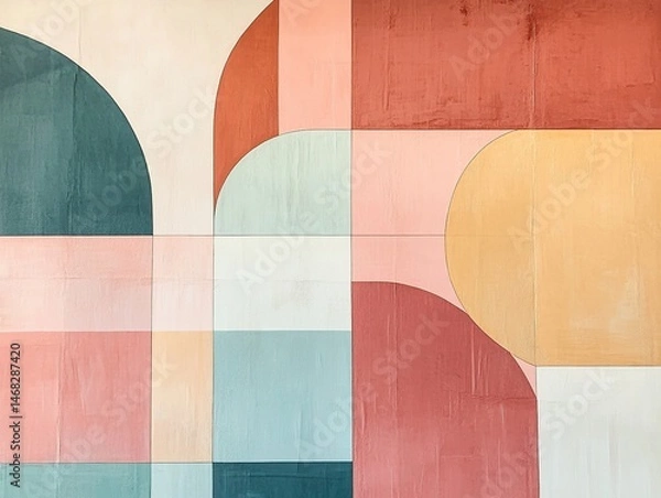 Fototapeta Abstract wall art featuring geometric shapes in a pastel color palette