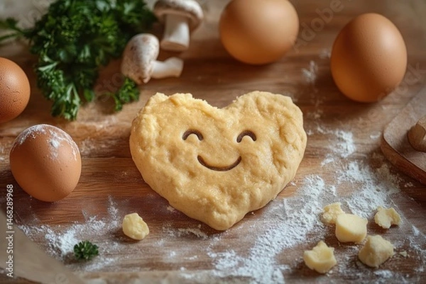 Obraz Heart-shaped dough with a smiling face surrounded by brown eggs, mushrooms, parsley, and scattered flour on a wooden surface creating a warm and cheerful baking atmosphere