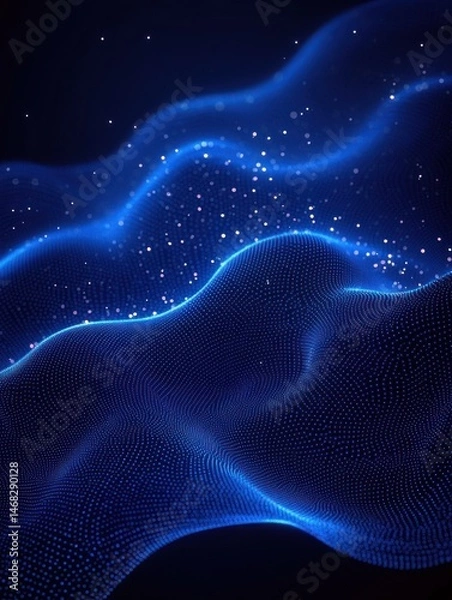 Obraz Abstract flowing blue wave of glowing dots and lines creating a digital landscape effect on dark background with floating light particles