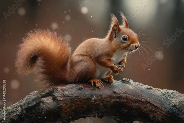 Obraz Close-up of a red squirrel perched on a mossy tree branch with a blurred natural background, capturing the delicate fur and alert expression during snowfall