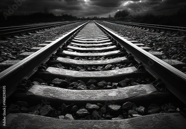 Fototapeta dramatic black and white image of railway tracks disappearing into the horizon under a cloudy sky with barren trees on both sides