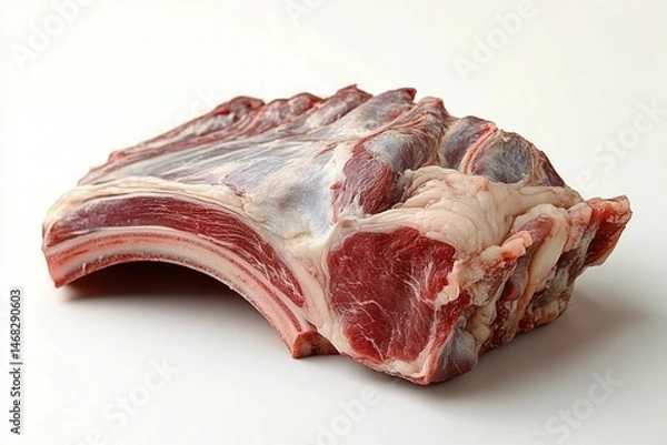 Fototapeta Raw cut of lamb ribs with visible fat and muscle tissue on a plain white background conveying freshness and natural texture
