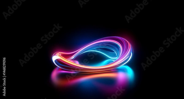 Fototapeta Vibrant, glowing neon lines form an abstract, swirling shape against a dark background.  The luminous artwork reflects on a glossy surface, creating a mesmerizing effect.