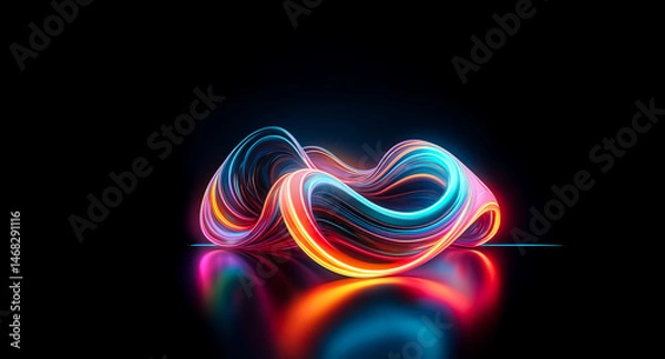 Obraz Abstract digital artwork featuring vibrant, glowing, multicolored ribbons forming a dynamic, wave-like structure reflected on a dark surface.  The colors are intensely saturated and create a sense of 