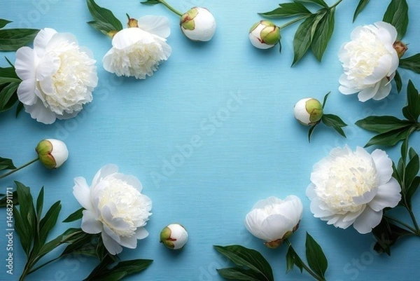 Fototapeta Delicate white peonies and lush green leaves arranged in a circular pattern on a soft blue background, evoking calm and elegance