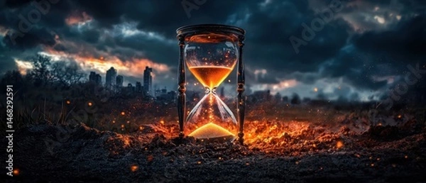 Obraz Dramatic Hourglass Surrounded by Smoke and Ashes Against Fiery Skyline at Dusk