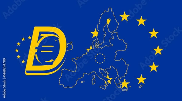 Fototapeta D€ as D-Euro, Euro as digital currency, smooth simplified map outline silhouette of the European Union, EU