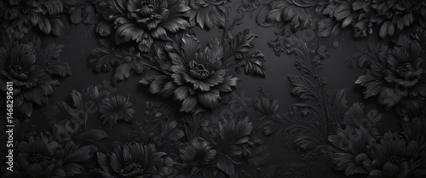 Obraz Deep black floral wallpaper; intricate design, embossed texture , photography, home